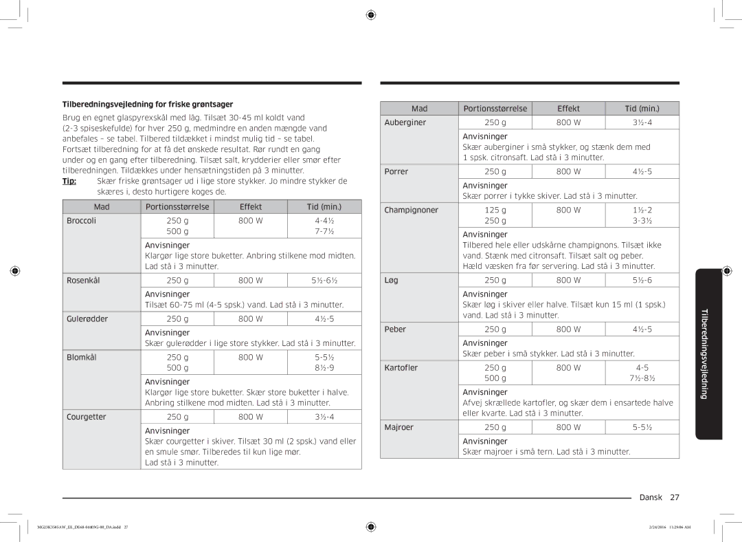 Samsung MG23K3585AW/EE manual Tilberedningsvejledning for friske grøntsager 