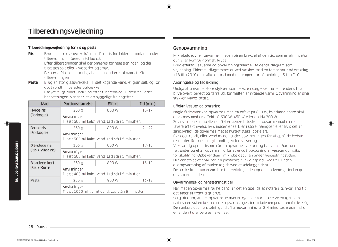 Samsung MG23K3585AW/EE manual Genopvarmning, Tilberedningsvejledning for ris og pasta 