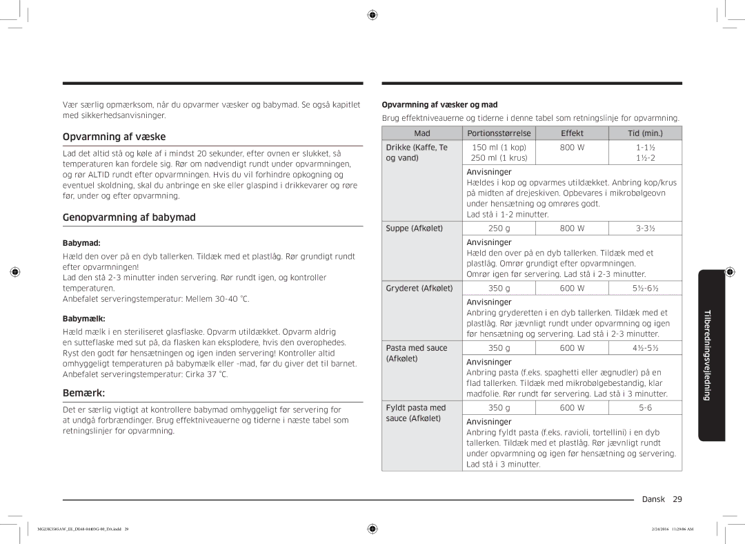 Samsung MG23K3585AW/EE manual Opvarmning af væske, Genopvarmning af babymad, Bemærk 