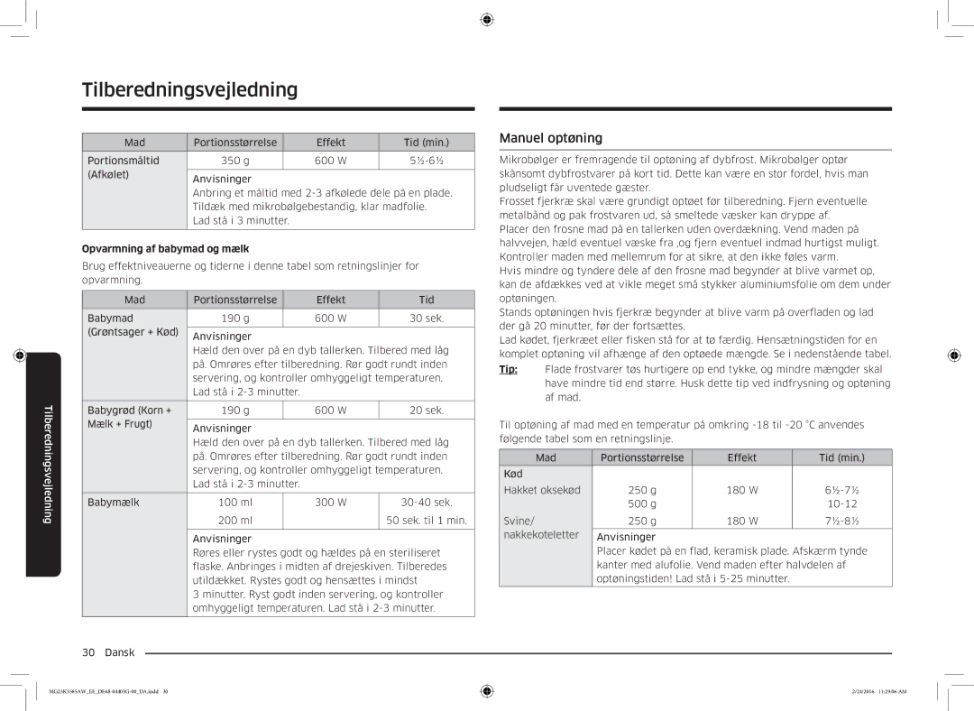 Samsung MG23K3585AW/EE manual Manuel optøning, Opvarmning af babymad og mælk 