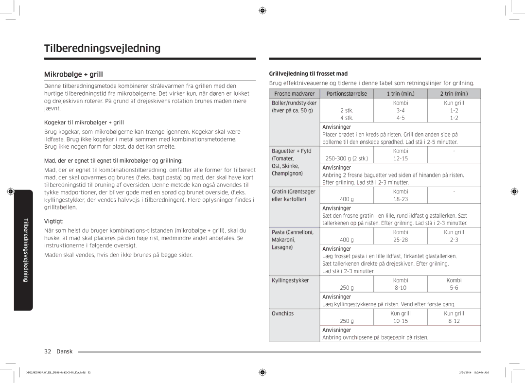 Samsung MG23K3585AW/EE manual Mikrobølge + grill, Grillvejledning til frosset mad 