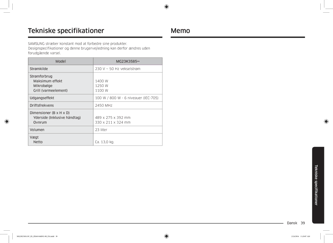 Samsung MG23K3585AW/EE manual Tekniske specifikationer Memo 