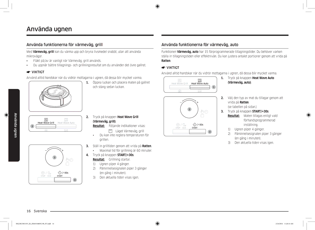 Samsung MG23K3585AW/EE Använda funktionerna för värmevåg, grill, Använda funktionerna för värmevåg, auto, Värmevåg, auto 