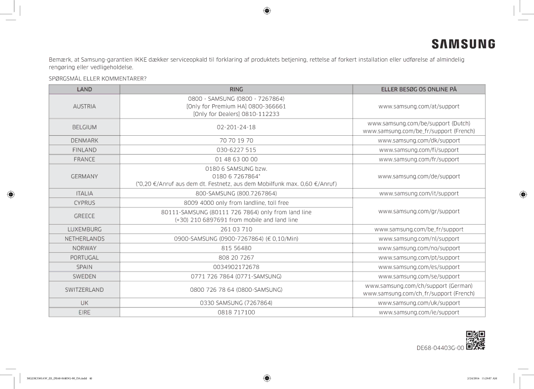 Samsung MG23K3585AW/EE Austria, Denmark, Finland, France, Germany, Italia, Cyprus, Greece, Luxemburg, Netherlands, Norway 