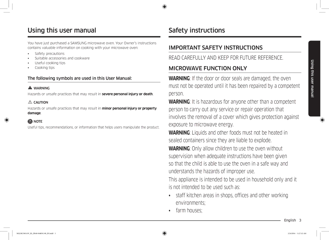 Samsung MG23K3585AW/EE manual Safety instructions 