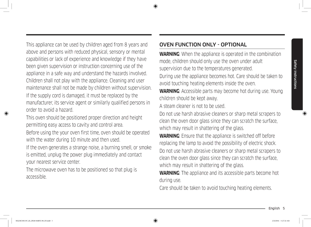 Samsung MG23K3585AW/EE manual Oven Function only Optional 