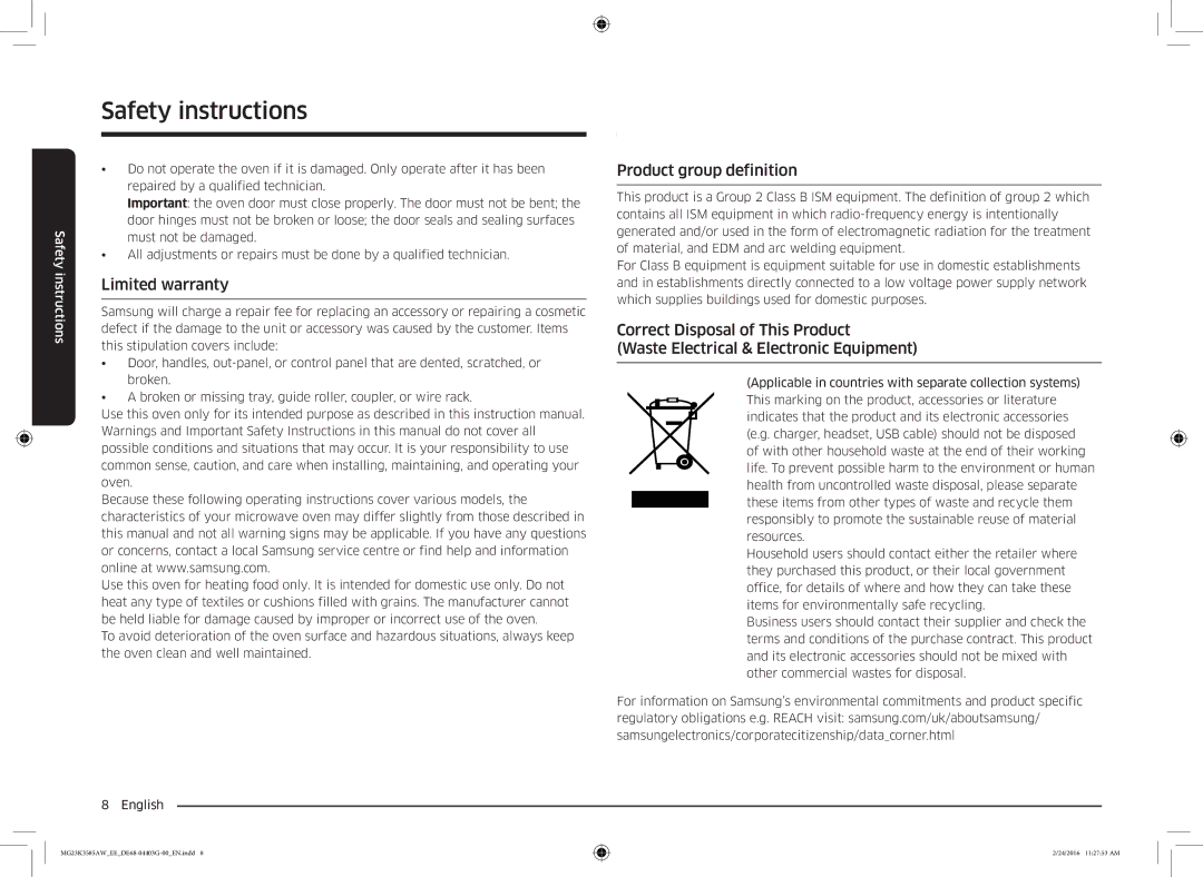 Samsung MG23K3585AW/EE manual Limited warranty, Product group definition 