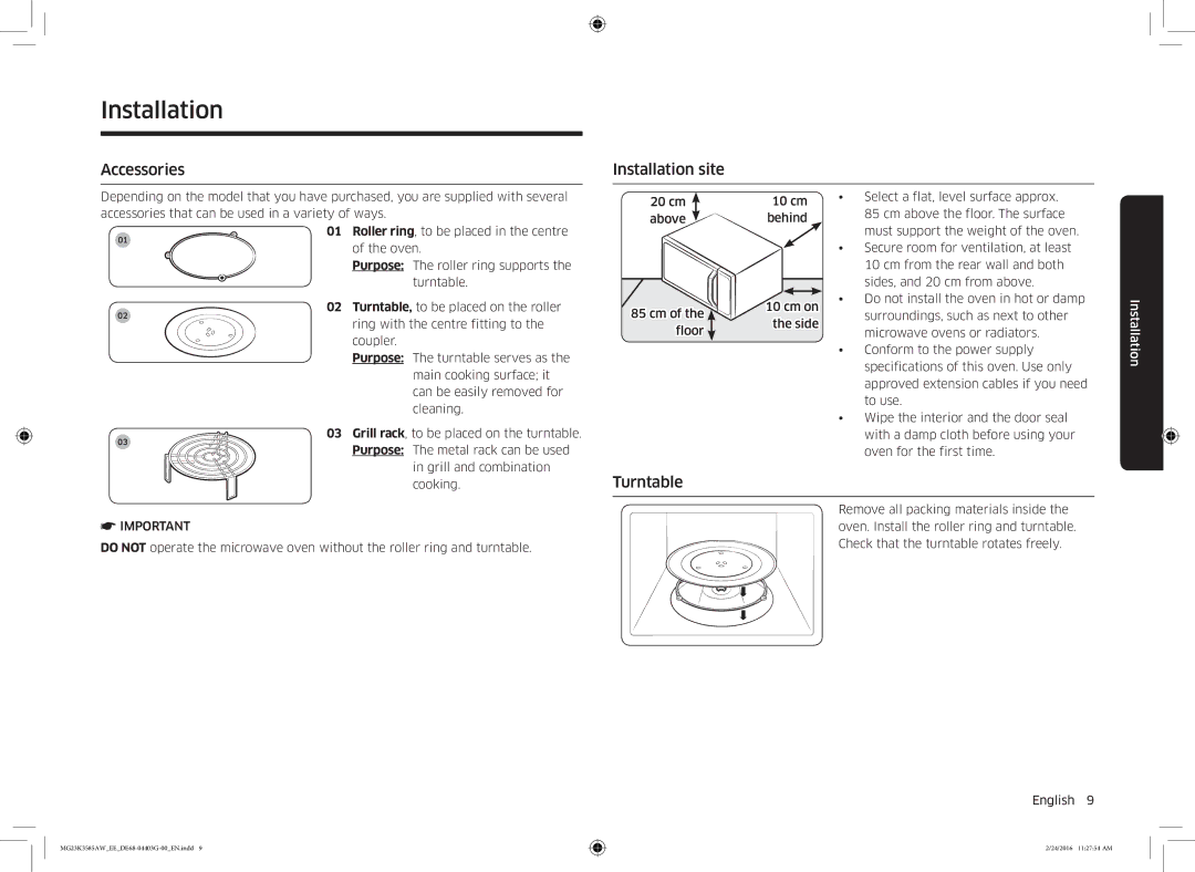 Samsung MG23K3585AW/EE manual Accessories, Installation site, Turntable 