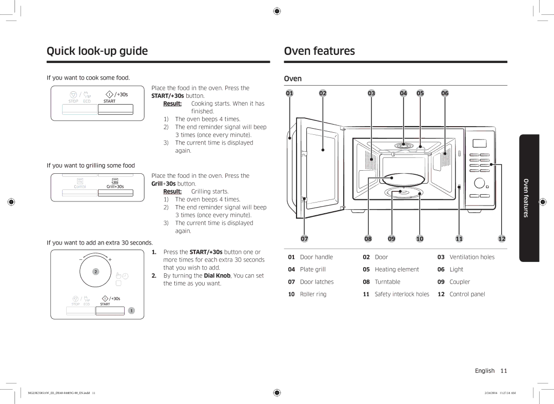 Samsung MG23K3585AW/EE manual Quick look-up guide, Oven features, Door handle Ventilation holes 