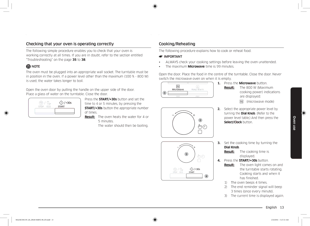 Samsung MG23K3585AW/EE manual Checking that your oven is operating correctly, Cooking/Reheating, Dial Knob Result 