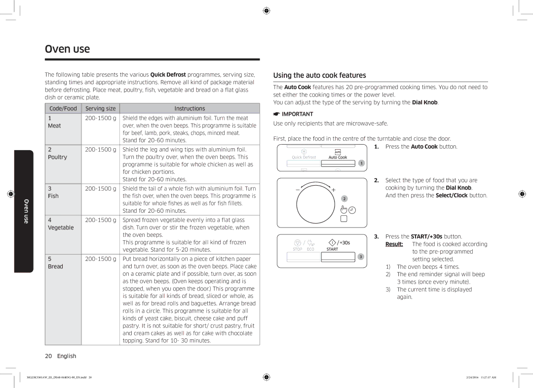 Samsung MG23K3585AW/EE manual Using the auto cook features 