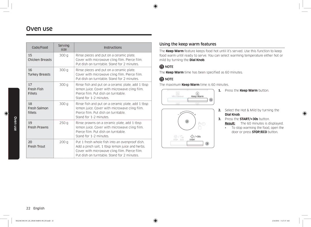 Samsung MG23K3585AW/EE manual Using the keep warm features, Dial Knob 