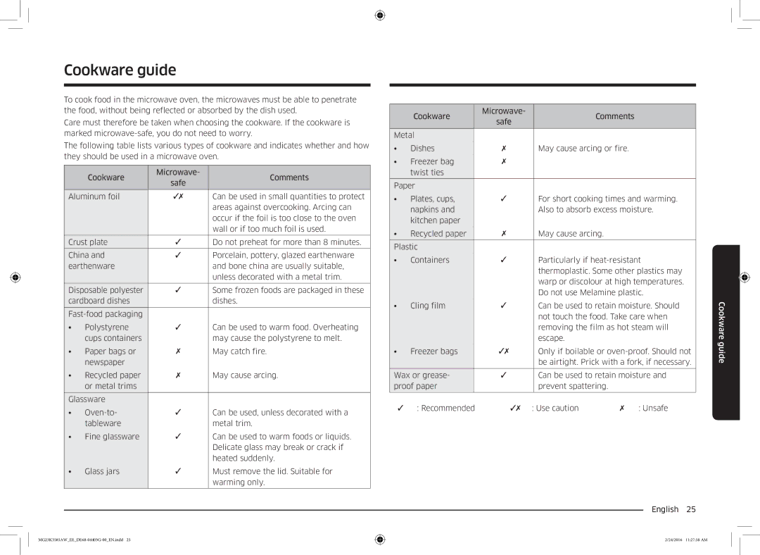 Samsung MG23K3585AW/EE manual Cookware guide 