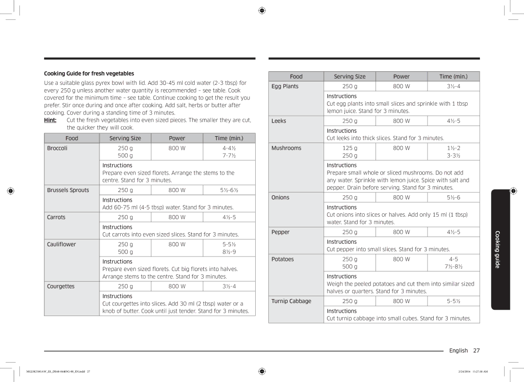 Samsung MG23K3585AW/EE manual Cooking Guide for fresh vegetables 