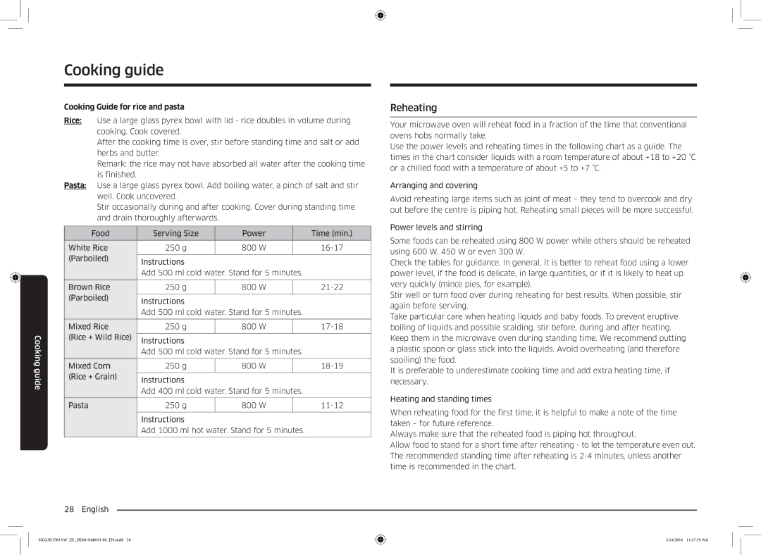 Samsung MG23K3585AW/EE manual Reheating, Cooking Guide for rice and pasta 