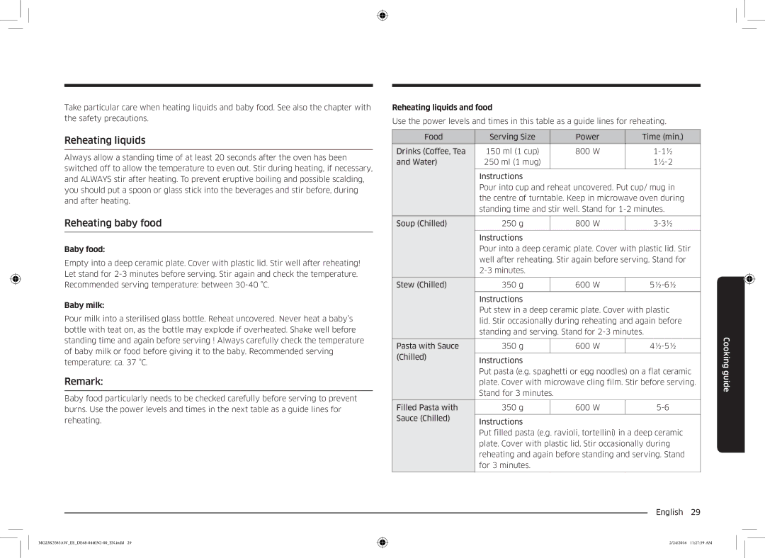 Samsung MG23K3585AW/EE manual Reheating liquids, Reheating baby food, Remark 