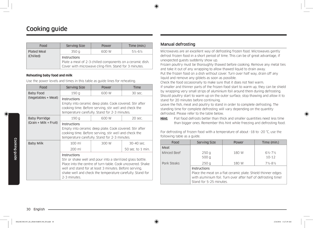 Samsung MG23K3585AW/EE manual Manual defrosting, Reheating baby food and milk 