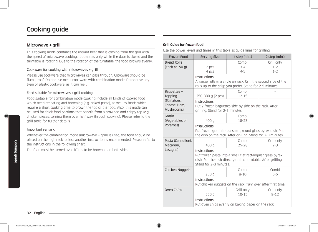 Samsung MG23K3585AW/EE manual Microwave + grill, Grill Guide for frozen food 