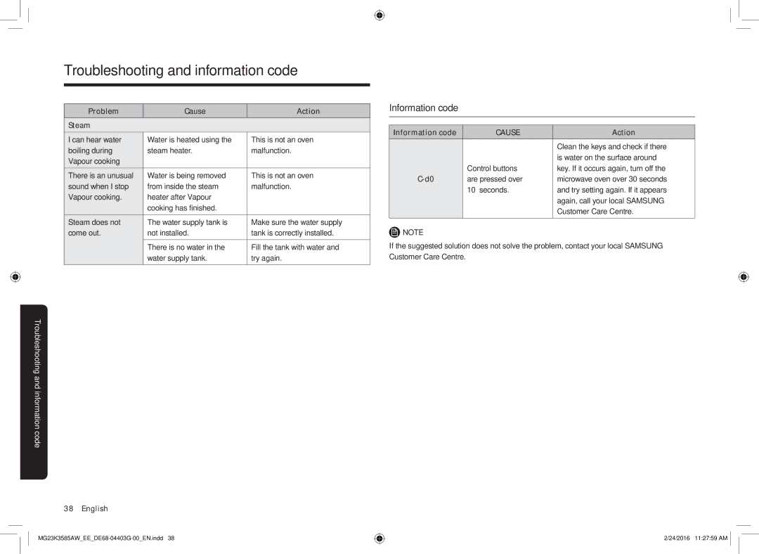 Samsung MG23K3585AW/EE manual Information code, Cause 