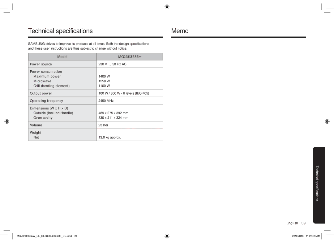 Samsung MG23K3585AW/EE manual Technical specifications Memo 