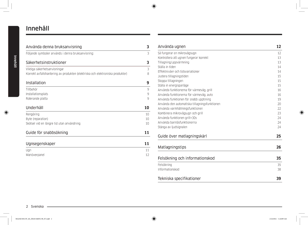 Samsung MG23K3585AW/EE manual Innehåll 