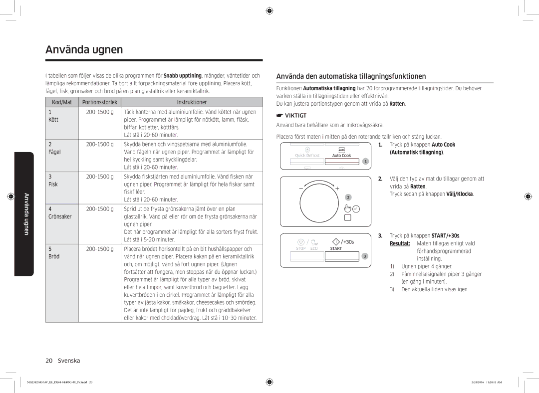 Samsung MG23K3585AW/EE manual Använda den automatiska tillagningsfunktionen, Automatisk tillagning 