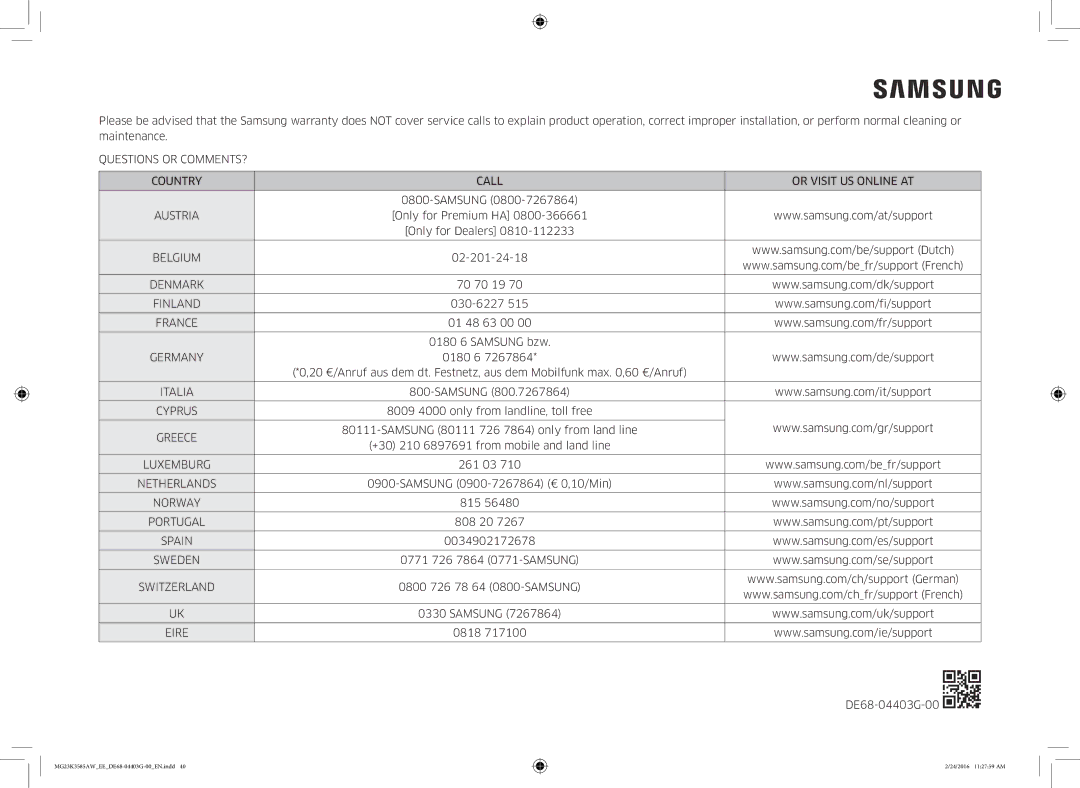 Samsung MG23K3585AW/EE manual Questions or COMMENTS? Country Call Or Visit US Online AT, Belgium 