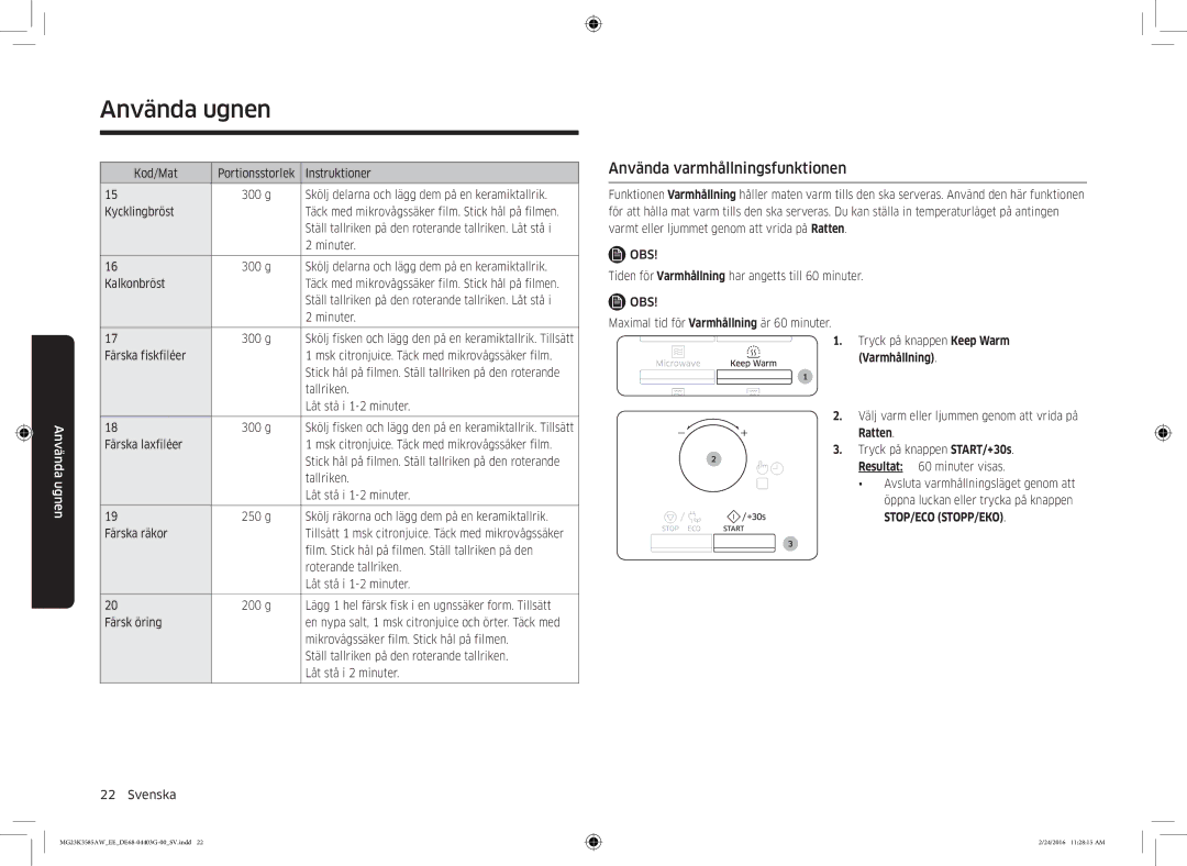 Samsung MG23K3585AW/EE manual Använda varmhållningsfunktionen 