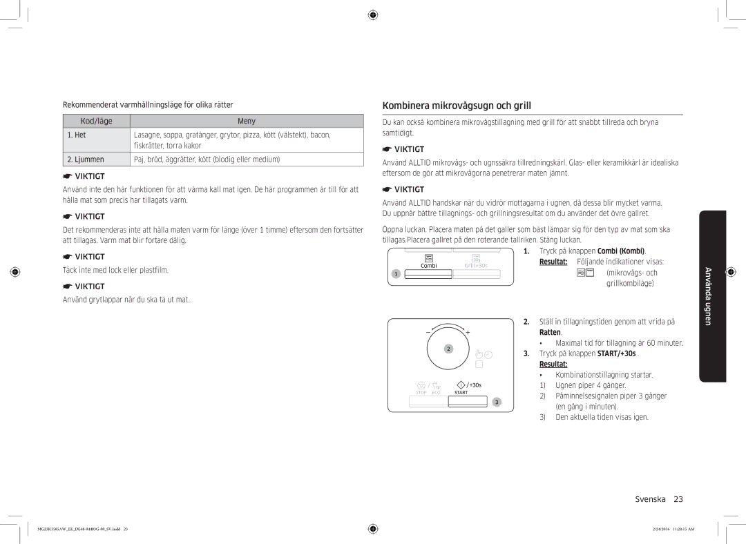 Samsung MG23K3585AW/EE manual Kombinera mikrovågsugn och grill, Ratten 