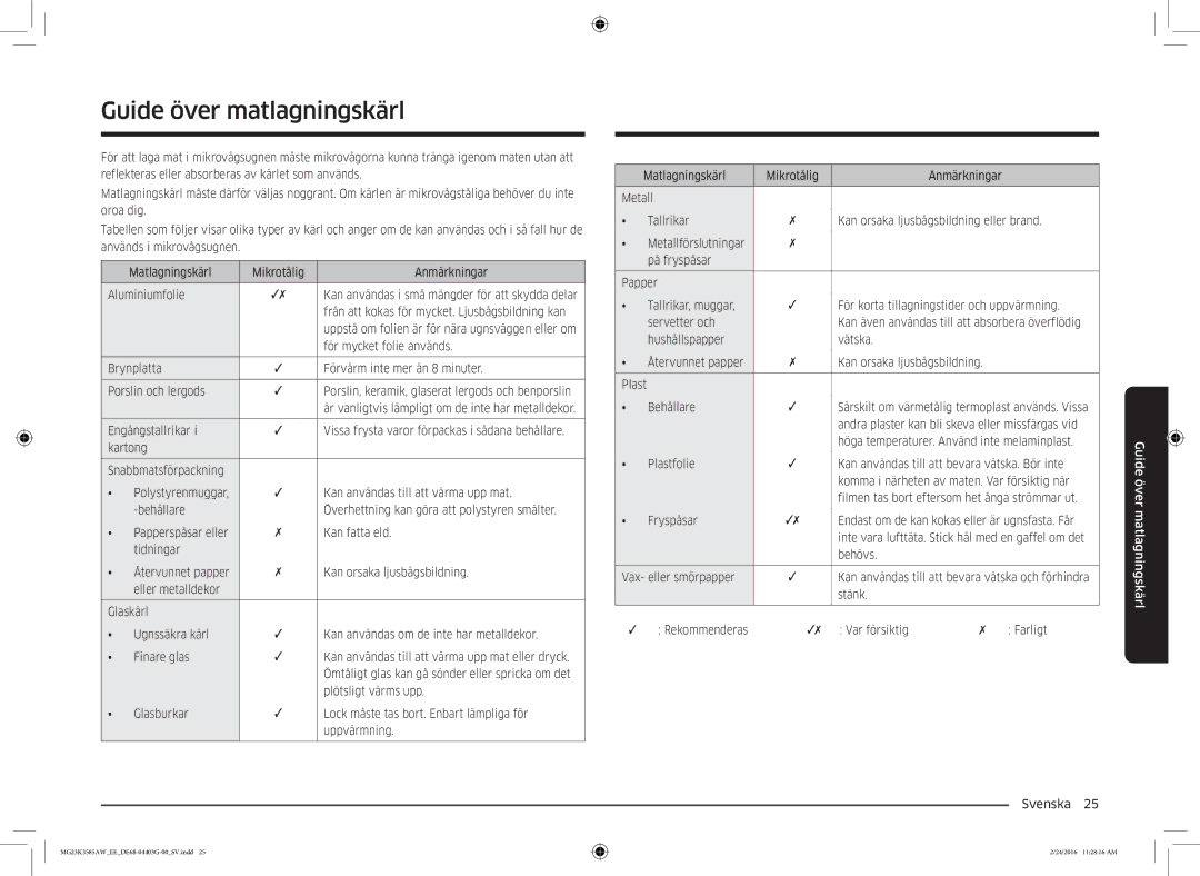 Samsung MG23K3585AW/EE manual Guide över matlagningskärl 