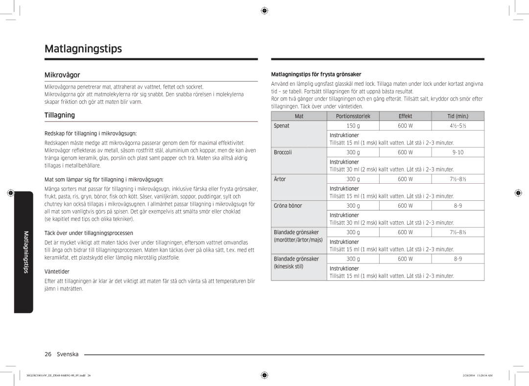 Samsung MG23K3585AW/EE manual Mikrovågor, Tillagning, Matlagningstips för frysta grönsaker 