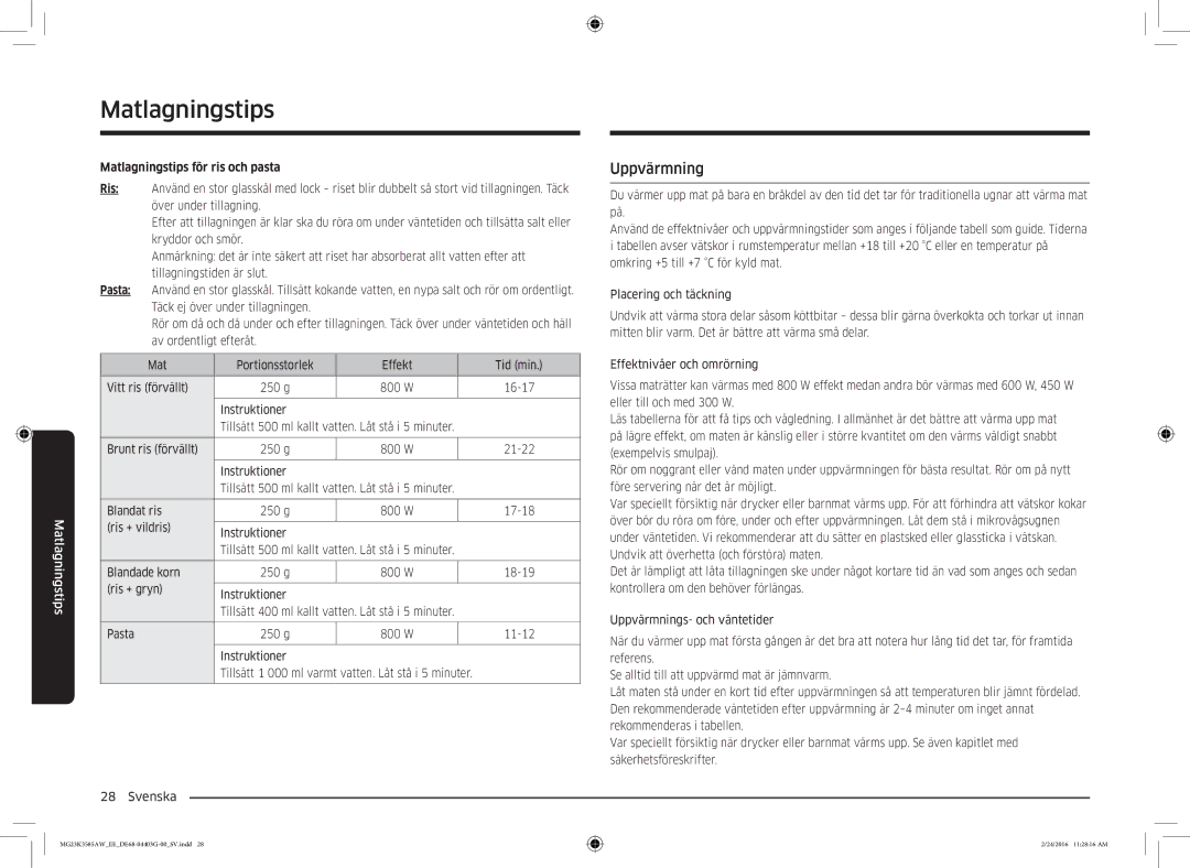 Samsung MG23K3585AW/EE manual Uppvärmning, Matlagningstips för ris och pasta 