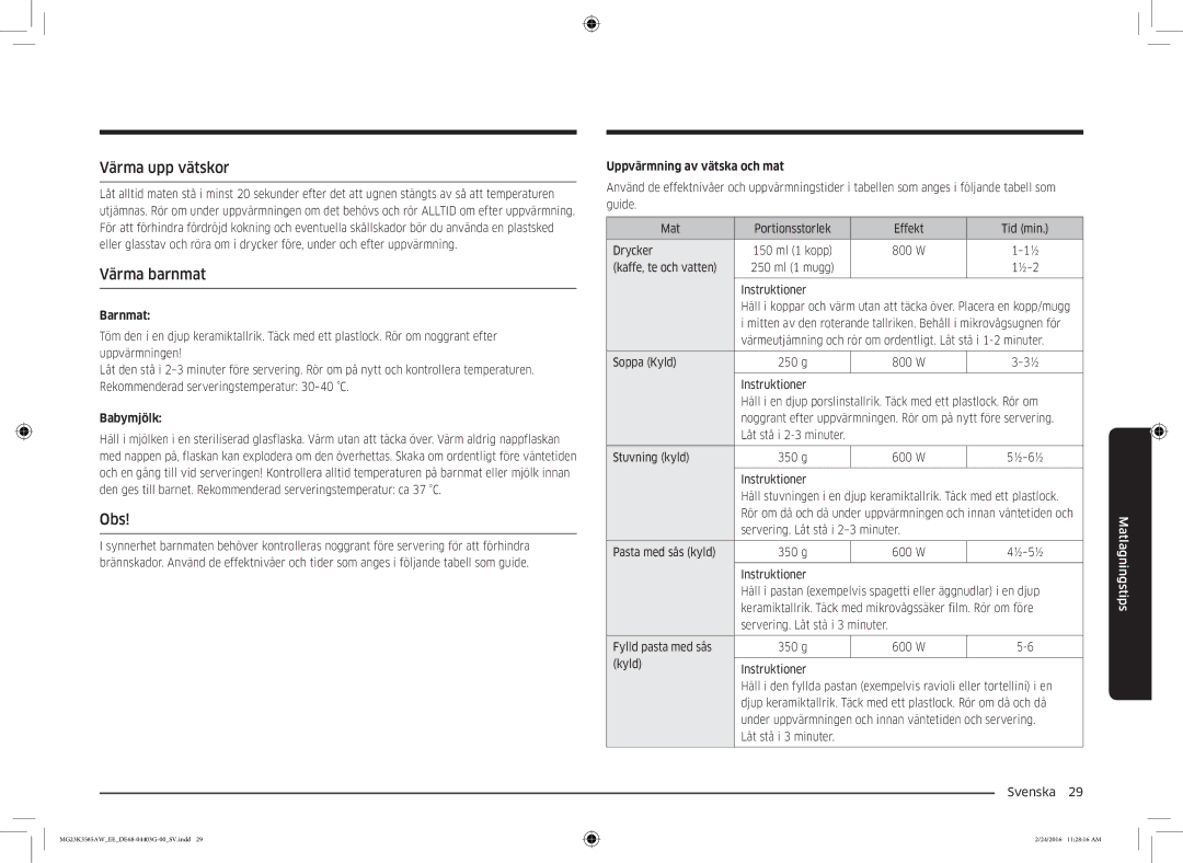 Samsung MG23K3585AW/EE manual Värma upp vätskor, Värma barnmat, Obs 