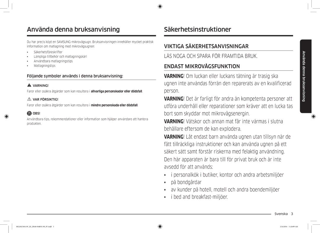 Samsung MG23K3585AW/EE manual Använda denna bruksanvisning, Säkerhetsinstruktioner, Varning, VAR Försiktig 