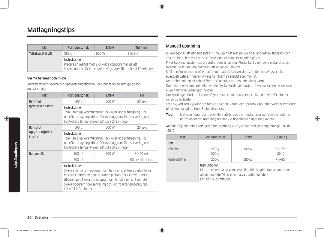 Samsung MG23K3585AW/EE manual Manuell upptining, Värma barnmat och mjölk 