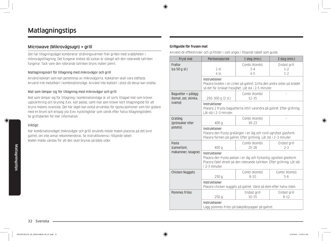 Samsung MG23K3585AW/EE manual Microwave Mikrovågsugn + grill, Grillguide för frusen mat 