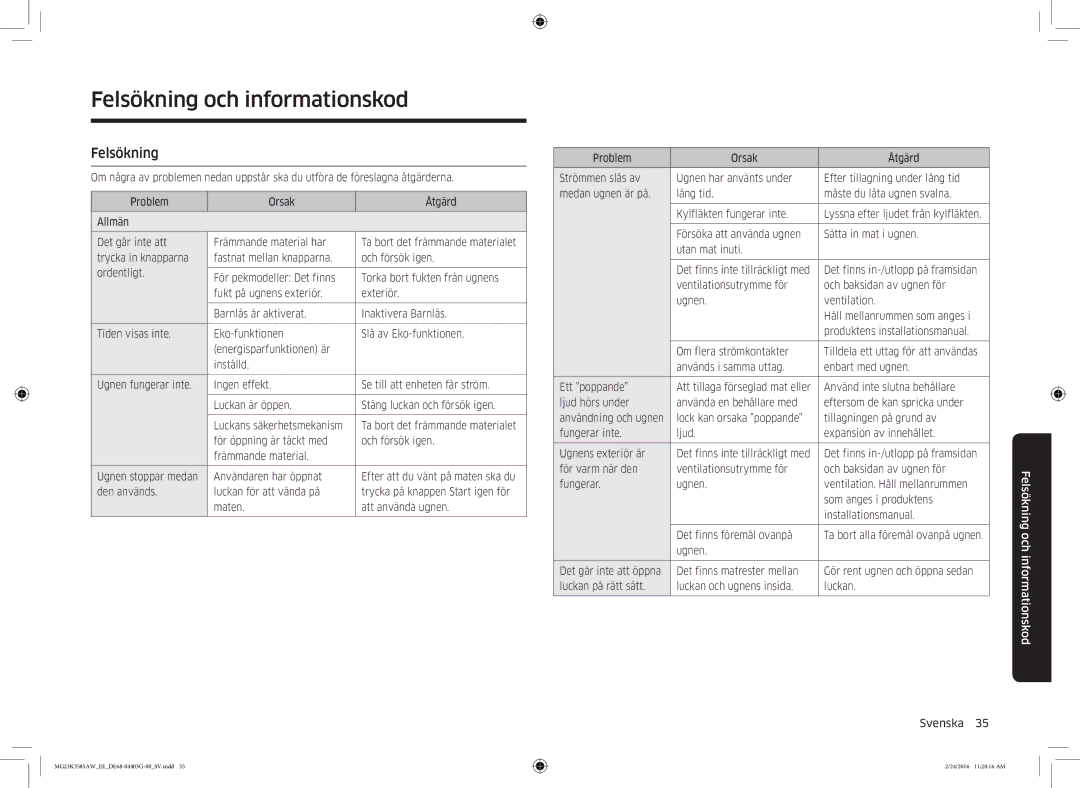 Samsung MG23K3585AW/EE manual Felsökning och informationskod 