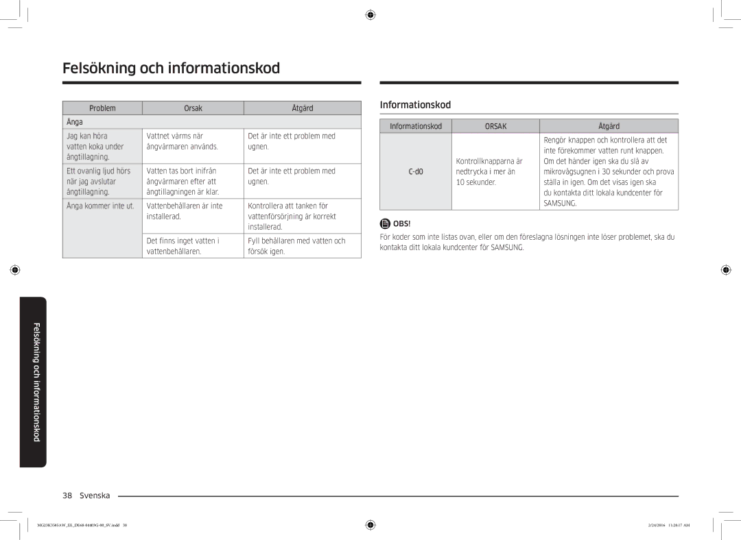 Samsung MG23K3585AW/EE manual Informationskod, Orsak, Samsung 