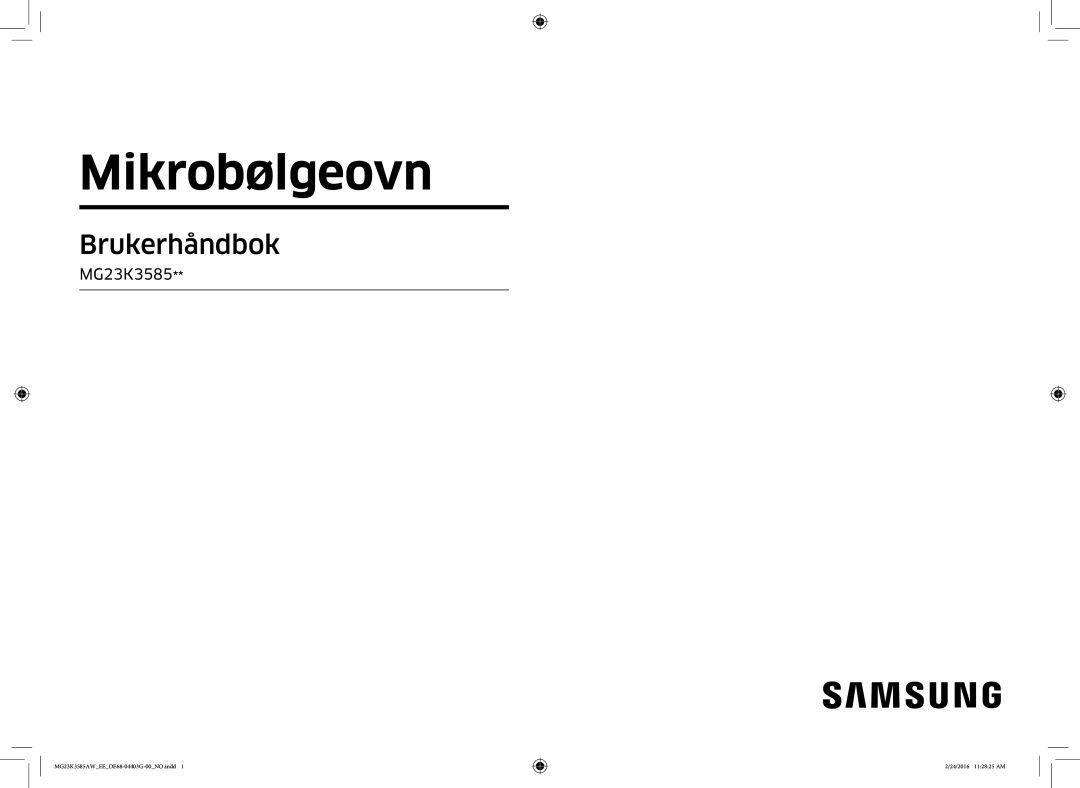 Samsung MG23K3585AW/EE manual Mikrobølgeovn 