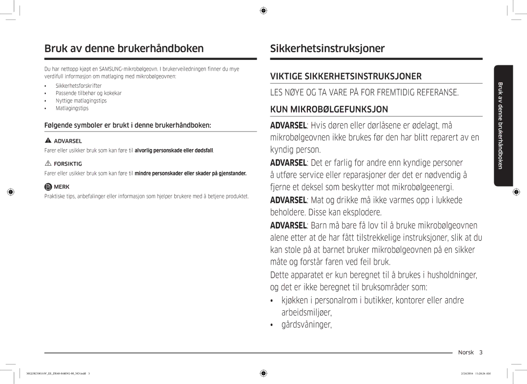 Samsung MG23K3585AW/EE manual Bruk av denne brukerhåndboken, Sikkerhetsinstruksjoner, Forsiktig, Merk 