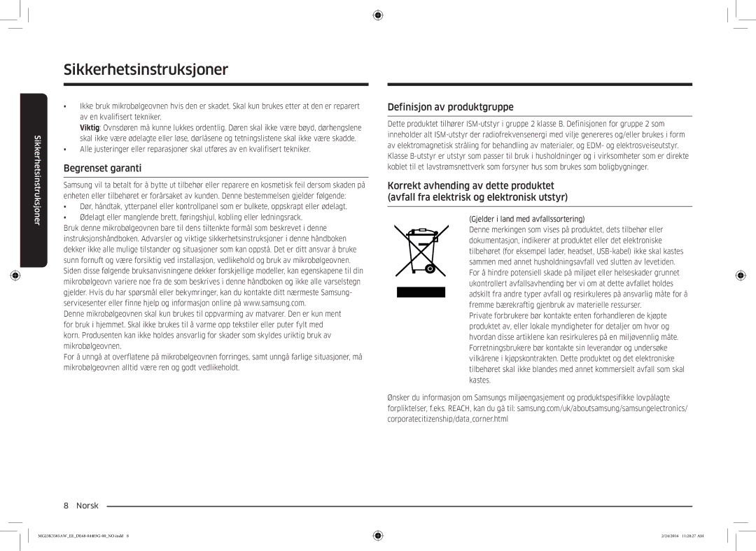 Samsung MG23K3585AW/EE manual Begrenset garanti, Definisjon av produktgruppe 