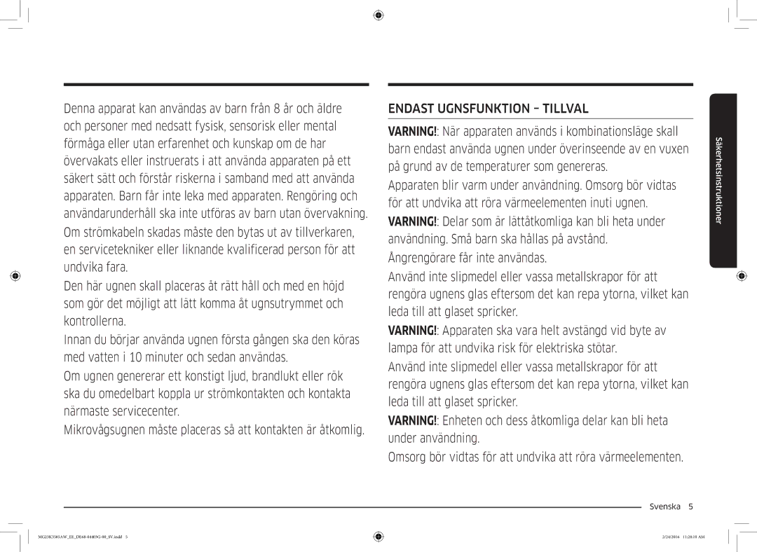 Samsung MG23K3585AW/EE manual Endast Ugnsfunktion Tillval 