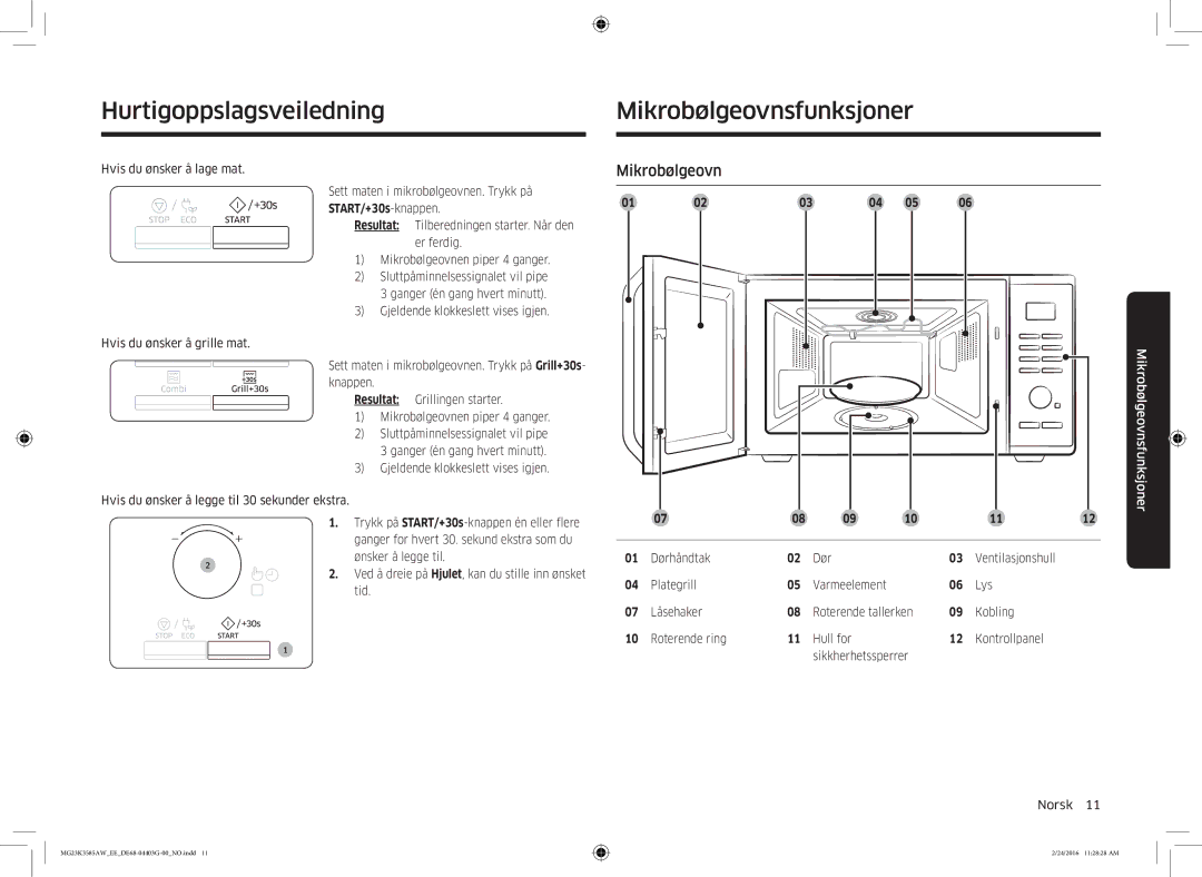 Samsung MG23K3585AW/EE manual Hurtigoppslagsveiledning, Mikrobølgeovnsfunksjoner, 01 Dørhåndtak 02 Dør Ventilasjonshull 