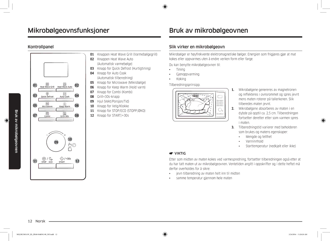 Samsung MG23K3585AW/EE manual Bruk av mikrobølgeovnen, Kontrollpanel, Slik virker en mikrobølgeovn 