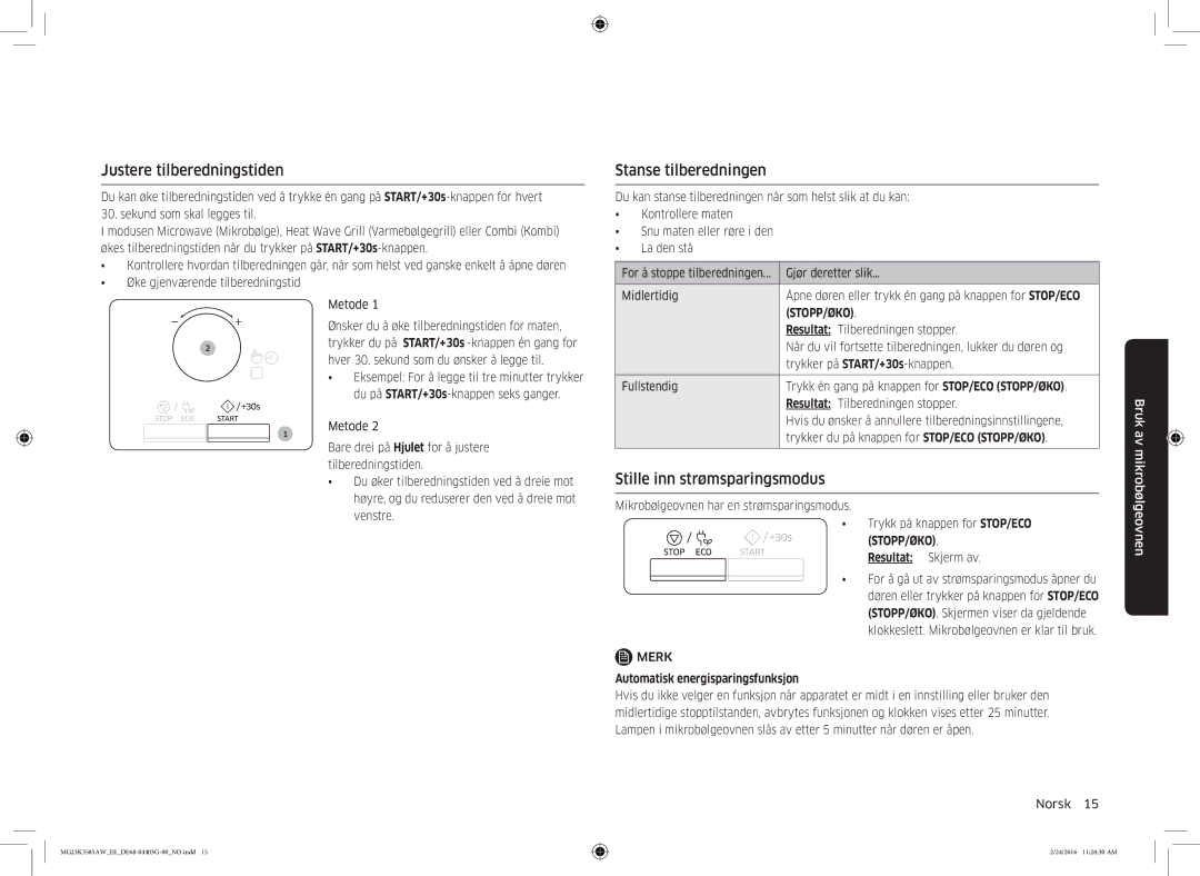 Samsung MG23K3585AW/EE manual Justere tilberedningstiden, Stanse tilberedningen, Stille inn strømsparingsmodus 