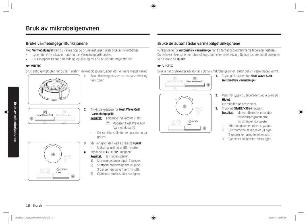 Samsung MG23K3585AW/EE manual Bruke varmebølgegrillfunksjonene, Bruke de automatiske varmebølgefunksjonene, Hjulet 