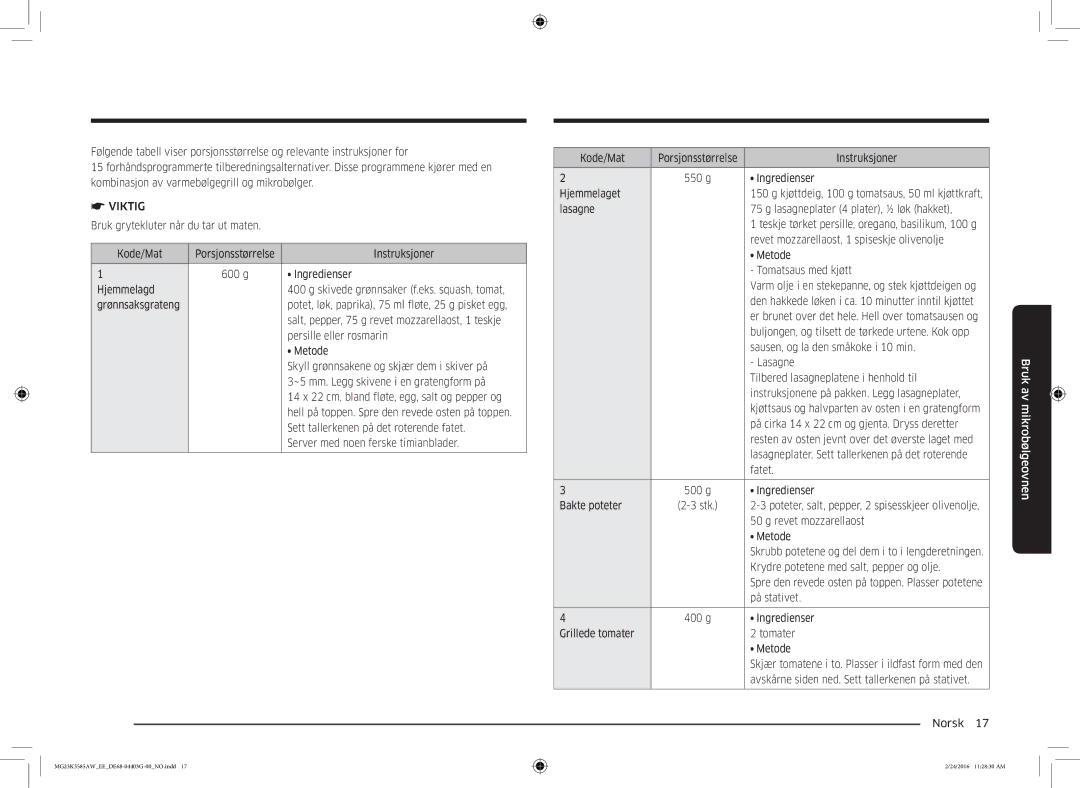 Samsung MG23K3585AW/EE manual Bruk grytekluter når du tar ut maten Kode/Mat 