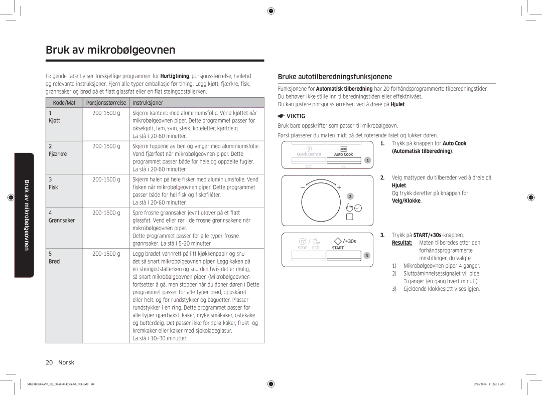 Samsung MG23K3585AW/EE manual Bruke autotilberedningsfunksjonene, Rundstykker i en ring. Dette programmet passer for 