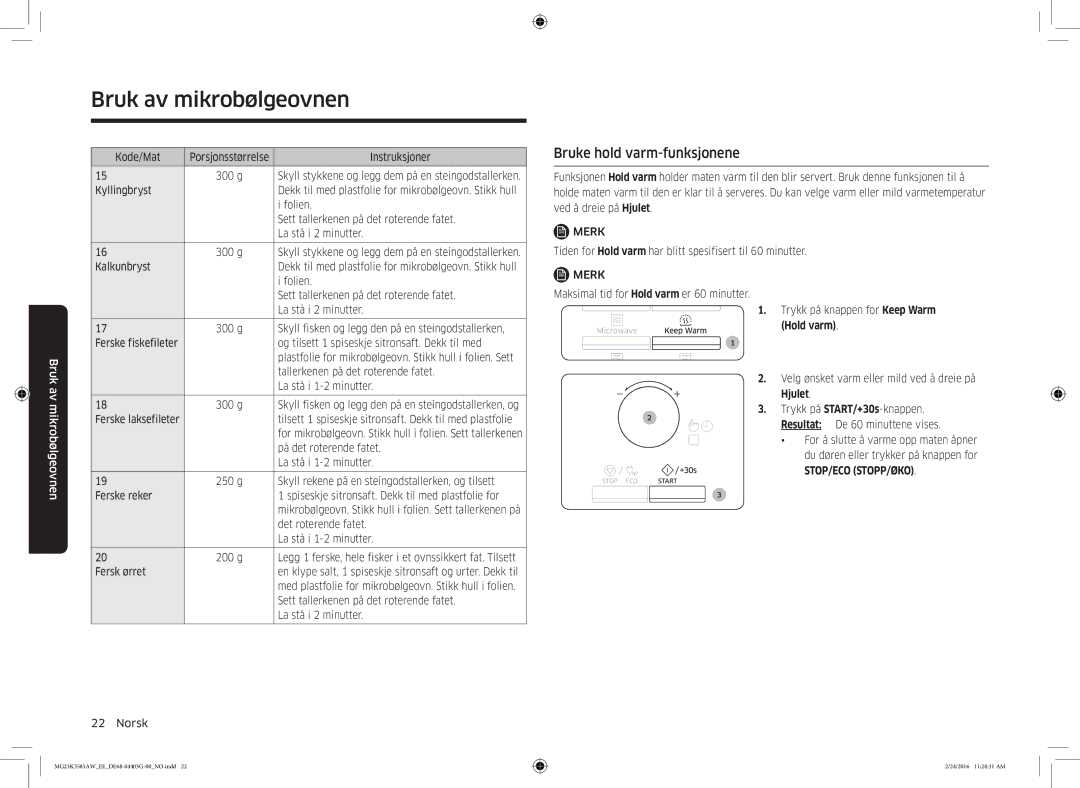 Samsung MG23K3585AW/EE manual Bruke hold varm-funksjonene, Merk 