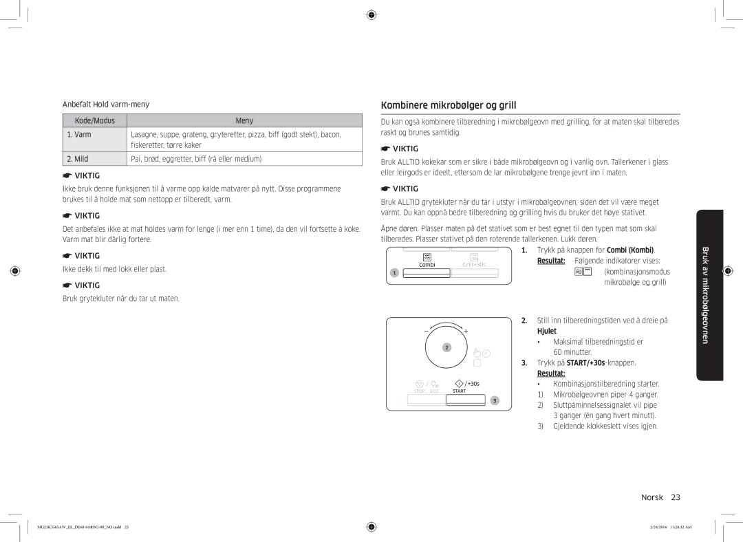 Samsung MG23K3585AW/EE manual Kombinere mikrobølger og grill, Viktig 